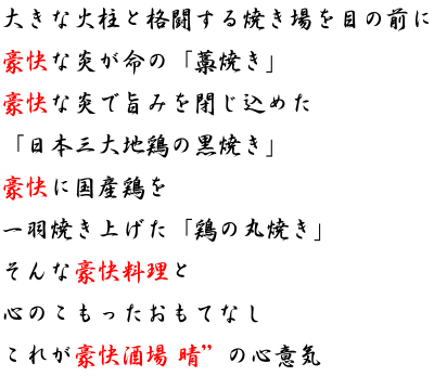大きな火柱と格闘する焼き場を目の前に　豪快な炎が命の「藁焼き」　豪快な炎で旨みを閉じ込めた「日本三大地鶏の黒焼き」　豪快に国産鶏を一羽焼き上げた「鶏の丸焼き」　そんな豪快料理と心のこもったおもてなし　これが豪快酒場晴゛の心意気